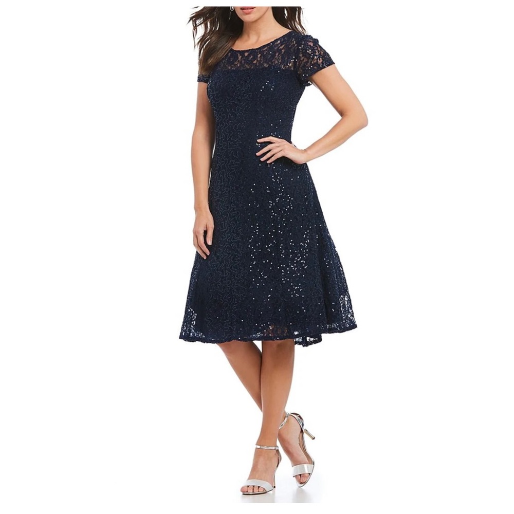 SL Fashions NY Women’s Short Sleeve Tea Length Sequin Lace Dress 14, 16 NWT